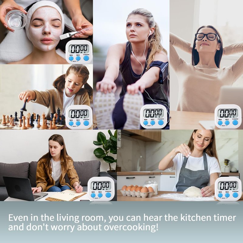 4 Pack White Digital Kitchen Timer Magnetic Digital Timer with Big Display Loud Ring Cooking Timers for Cooking, Game, Gym, Break Time, Classroom (4, White)