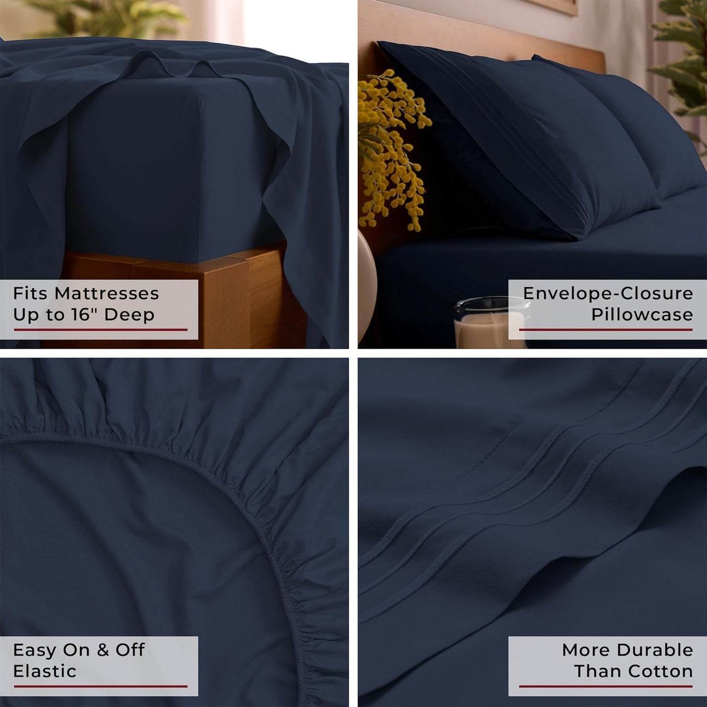 Mellanni Full Sheets Set - 4 PC Hotel Luxury Bedding | Extra Soft, Cooling, Wrinkle & Stain Resistant (Navy Blue)