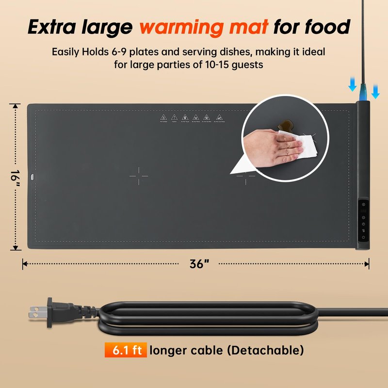Warming Mat For Food Extra Large- 36"x16" Electric Warming Trays for Buffets Party, Food Warmers For Thanksgiving, Christmas House Warming Gift, Portable Heating Mat with 9 Temp Settings & 6H Timer