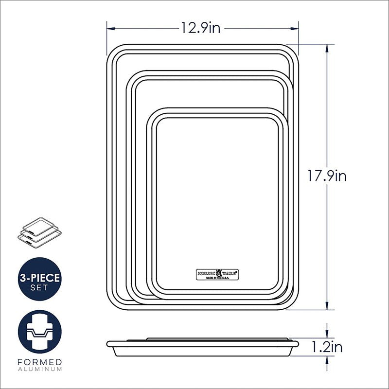 Nordic Ware Naturals 3 Piece Set - USA Made Aluminum Commercial Quality Sheet Pan for Baking or Roasting, Encapsulated Galvanized Steel Rim Prevents Warping; Half Sheet, Jelly Roll and Quarter Sheet