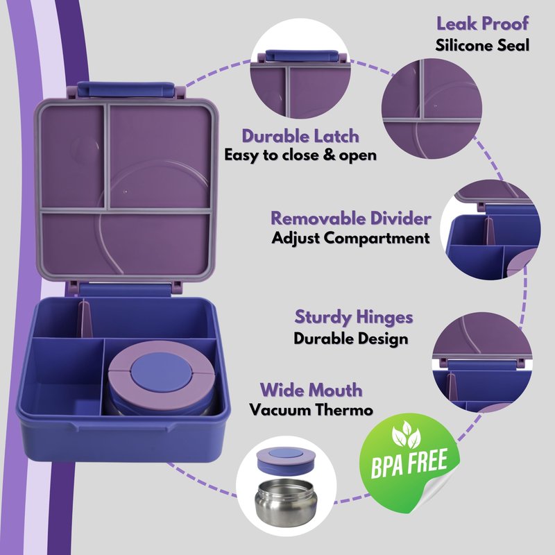 CANAIMA Bento Box for Kids with Thermos -1600ml Leak Proof Lunch Box - Amazing Designs - Microwave-Safe, BPA-Free, Easy to Clean Bento Lunch Box for Kids & Adults - School & Office (Purple Mermaid)