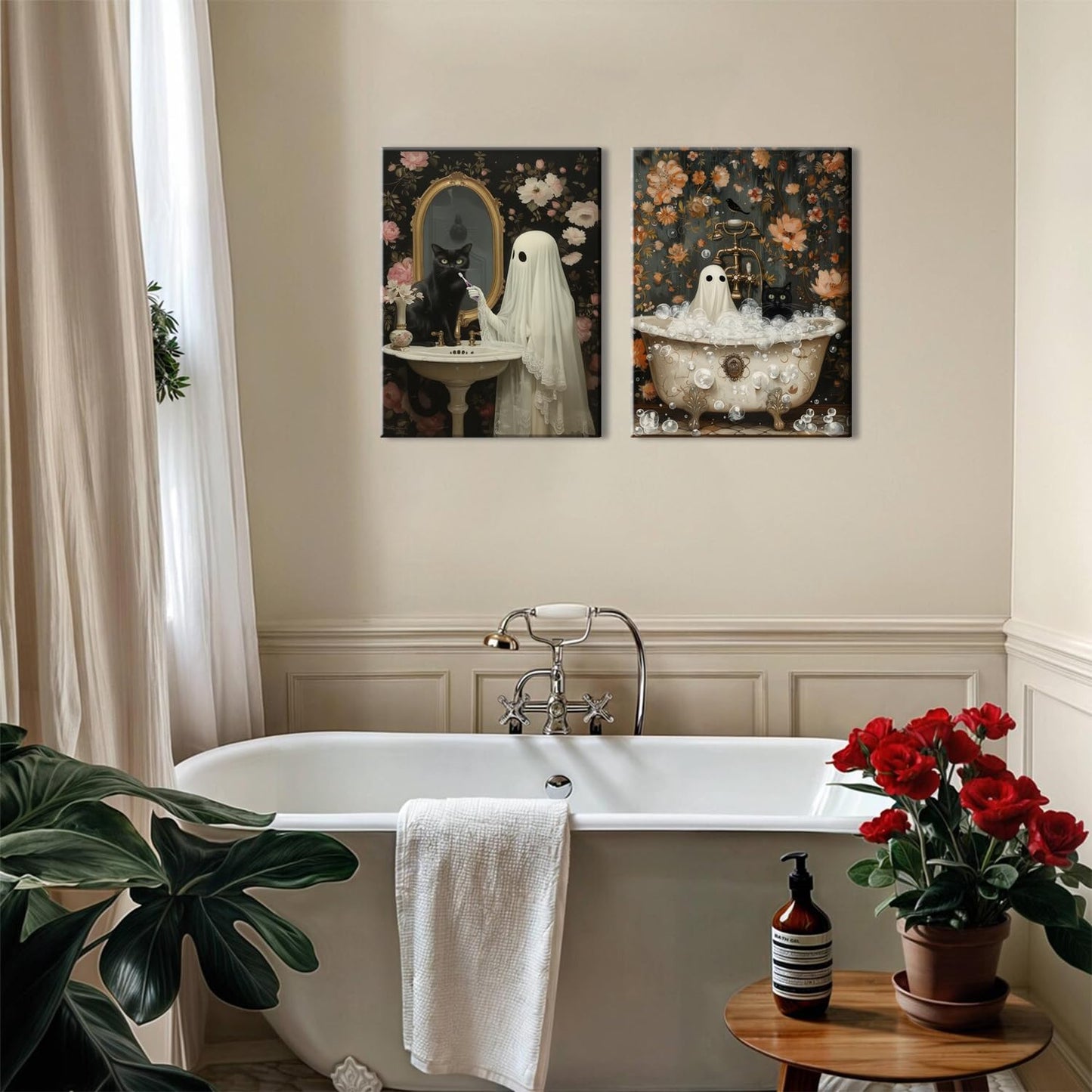 Halloween Ghost Bathroom Wall Art Set of 3, Funny Gothic Wall Decor Dark Academia Decor Pictures, Horror Ghost and Black Cat in Bathroom Poster Canvas Prints 16x24 inch Framed