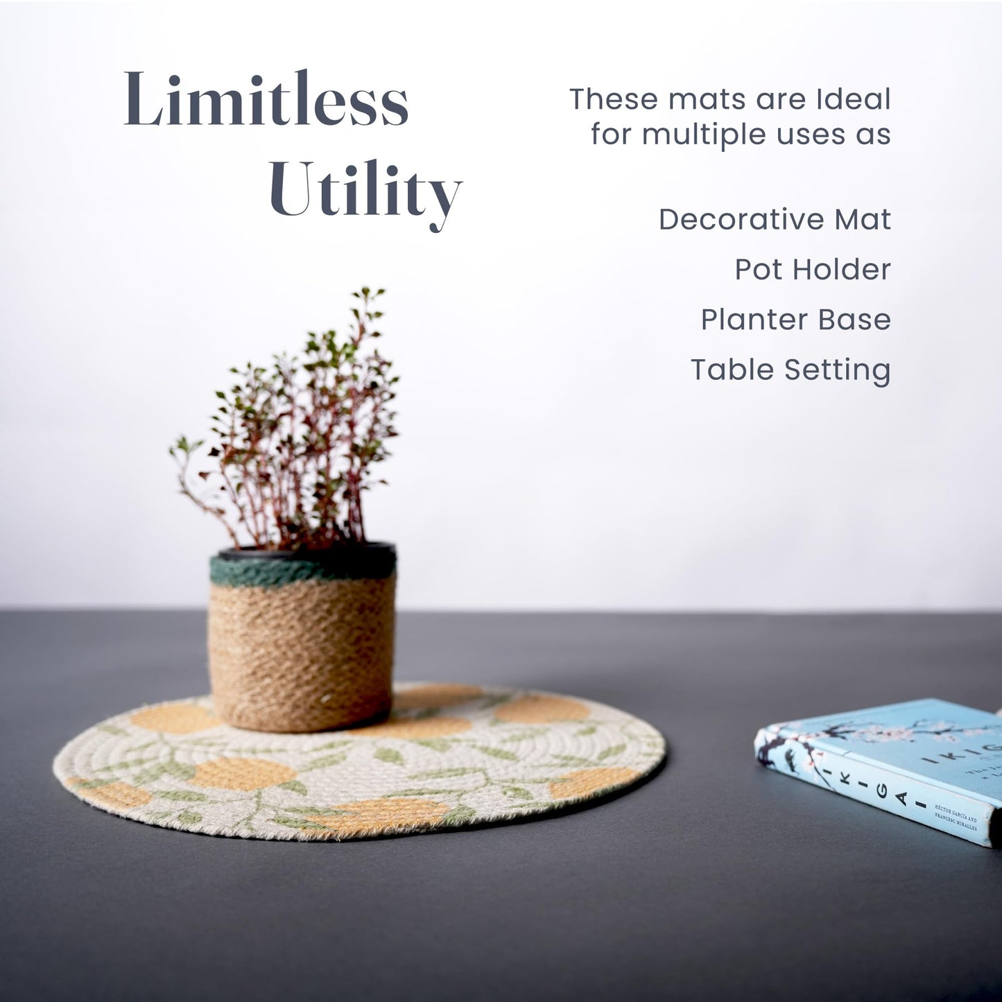 The Fine Living Co. Lemon Printed Braided Cotton Placemats (Set of 6, 13.5 Inches), Washable Anti-Slip Heat Resistant Mats, Boho Woven Round Table Mats for Table Decor, Kitchen and Dining