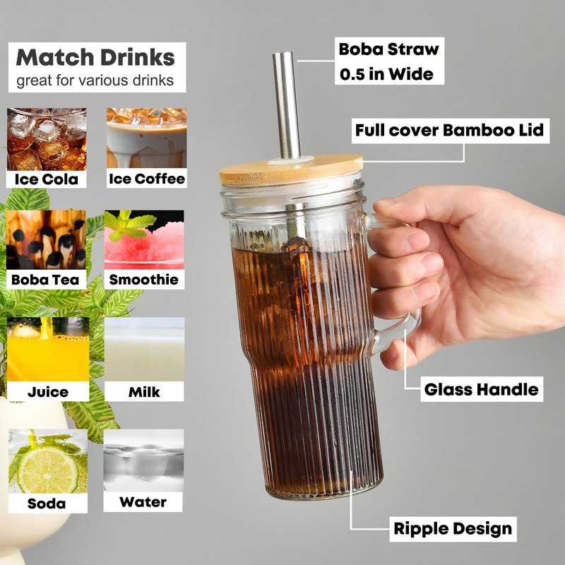 ALINK 24oz Ribbed Glass Cups with Bamboo Lids and Straws, 2-Pack Glass Tumbler with Handle, Reusable Iced Coffee Cups, Wide Mouth Mason Jar Boba Smoothie Cups, Drinking Glasses with 2 Brush