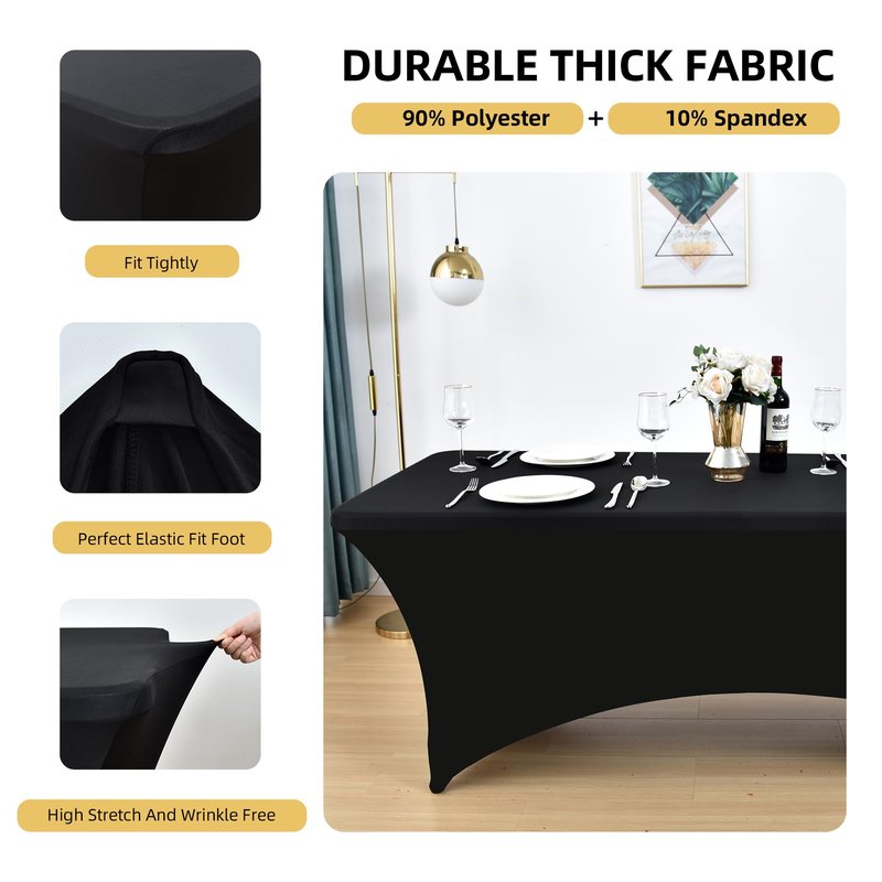 ZarzaaSik 6-Pack 8ft Black Spandex Table Covers for Rectangle Folding Tables - Washable Elastic Tablecloth - Ultimate Fitted Table Protector for Birthday Parties, Trade Shows, Banquet