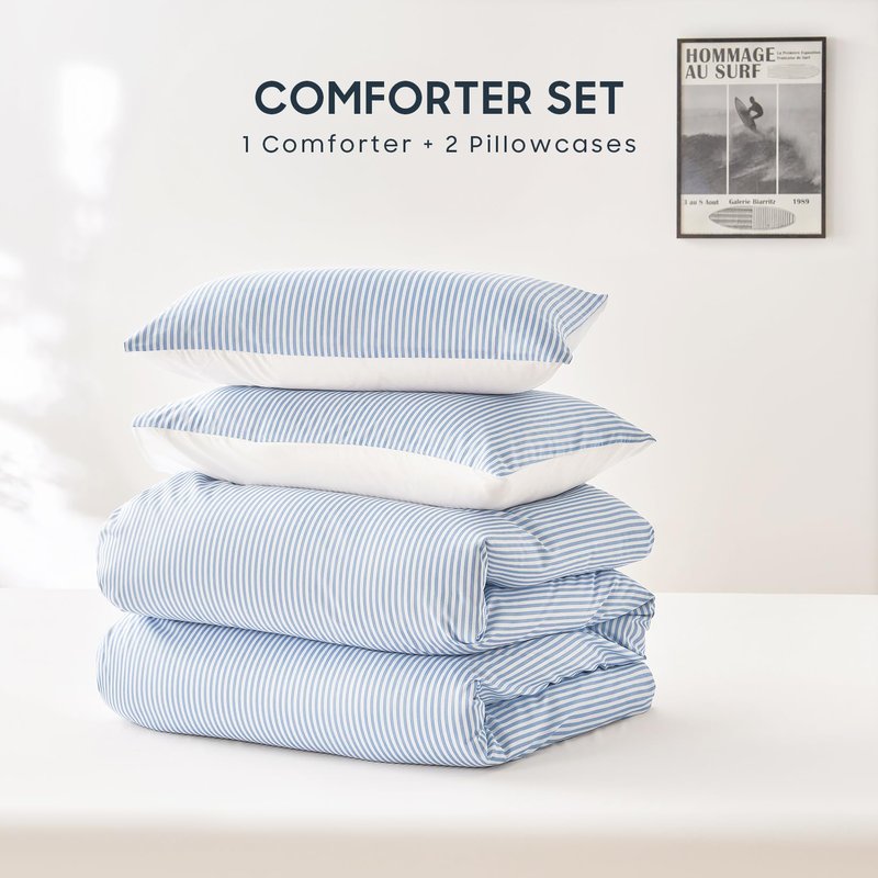 Wake In Cloud - Striped Comforter Set, Ticking Stripe Vertical Pinstripe Neutral Farmhouse Pattern Printed, Soft Lightweight Bedding, 3 Pieces, Blue White, Queen Size