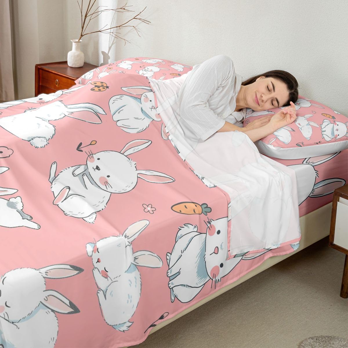 Erosebridal Cute Rabbit Sheet Set Cartoon Bunny Rabbit Pink Fitted Sheet Groovy Flowers Print Bed Sheets Easter Decor Flat Sheet for Kids Boys Girls King Size with 2 Pillowcases