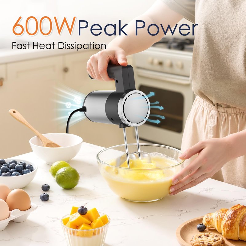 CHIDOLL 600W Hand Mixer, 5-Speed Electric Hand Held Mixer for Baking, Lightweight Stainless Steel Hand Beaters *2 & Dough Hooks*2 with Eject Button, Kitchen Mixer for Cream, Cookies, Dough