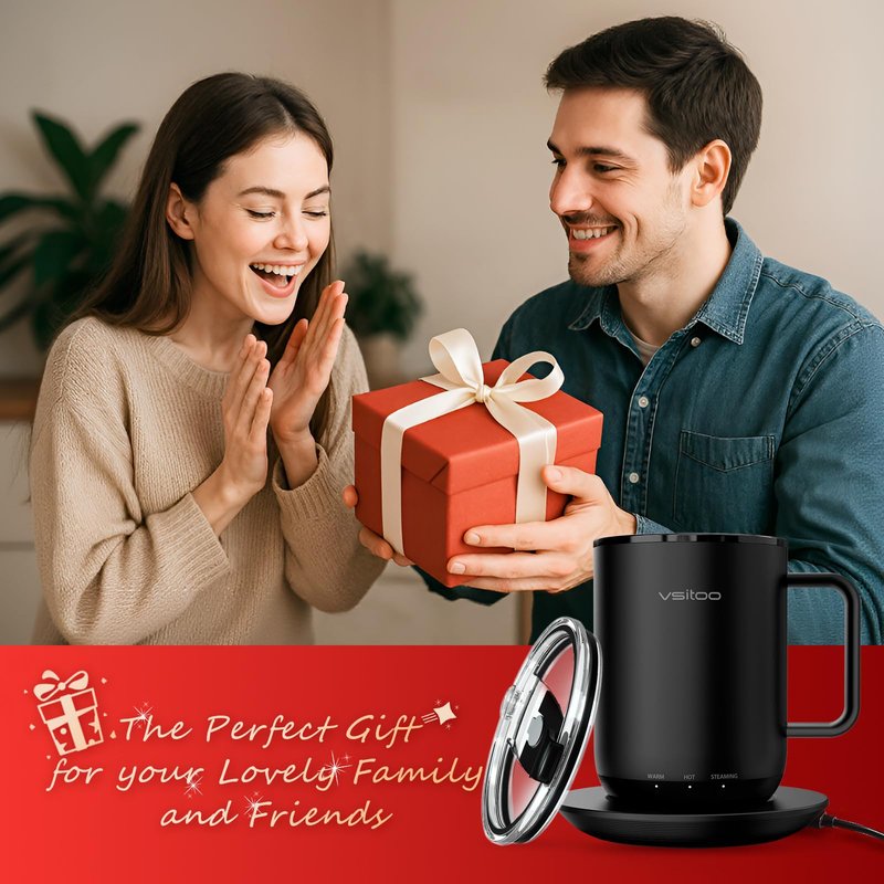 Vsitoo S3 Plus 14oz Heated Coffee Mug - Temperature Control Smart Mug with Mug Warmer, Auto-Sensing AI Heats Drinks to 120-150°F Hands-Free.Ideal for Home/Office/Gifts, Tan