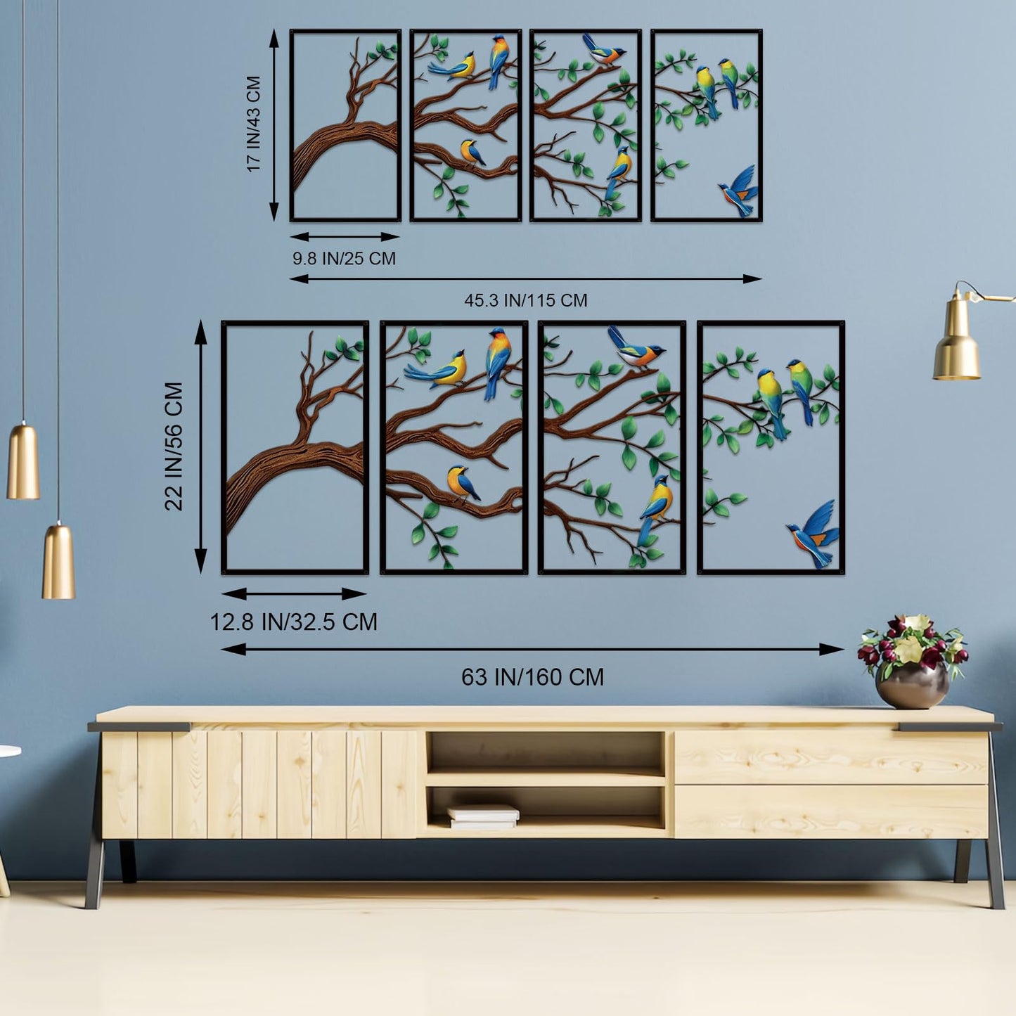 ruelen 4 Pieces Large Metal Birds and Branch Wall Art, Tree of Life Metal Wall Art, Colorful Leaves with Birds Silhouette Hanging Wall Sculpture for Living Room Home Bedroom Indoor Outdoor (Large)