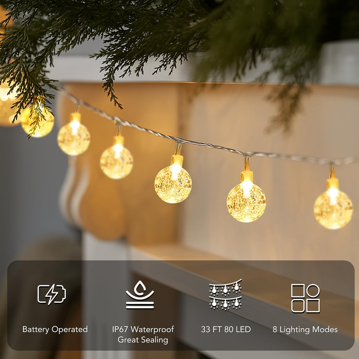Metaku Globe Fairy Lights - 33ft 80LED Battery Operated String Lights | Waterproof for Indoor/Outdoor Use