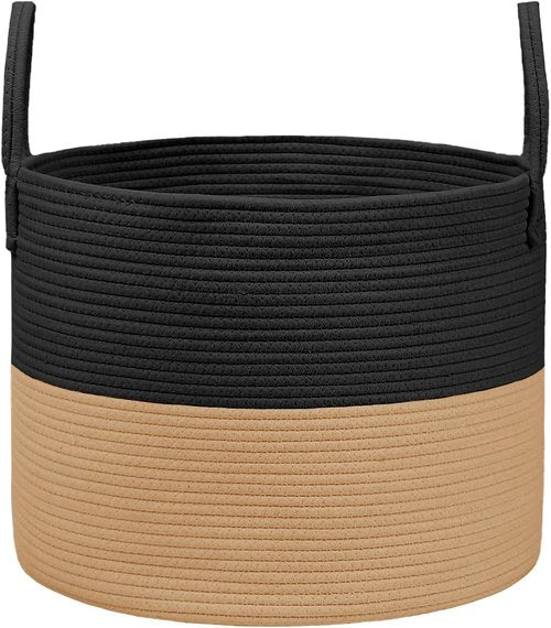 JMvicyroam Extra Large Blanket Basket - Woven Cotton Rope Laundry Hamper with Reinforced Handles | Black & Jute, Machine Washable