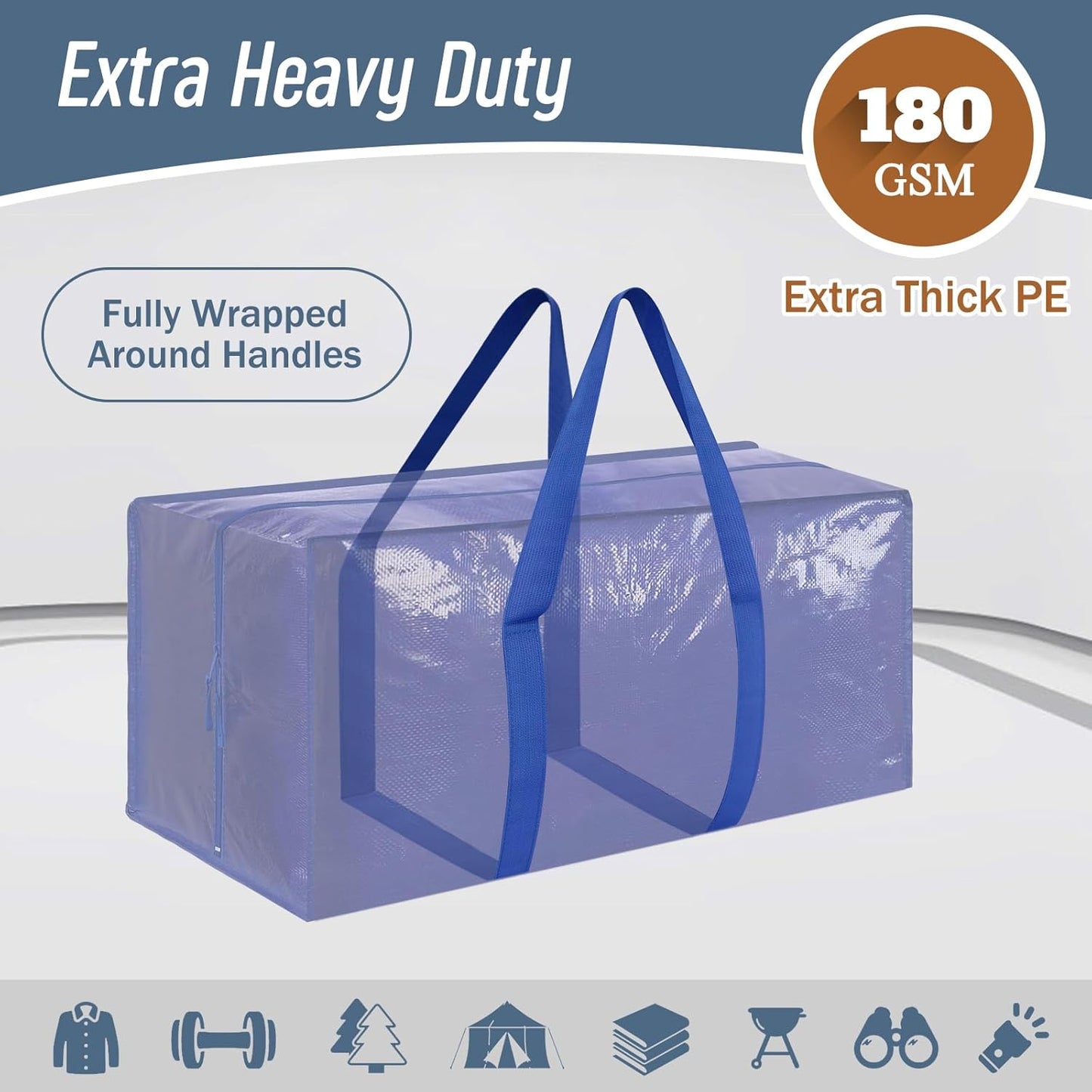 Skiennix Extra Heavy Duty Moving Bags - Large Storage Totes with Strong Zipper & Comfortable Handles | 6 Pack, Blue