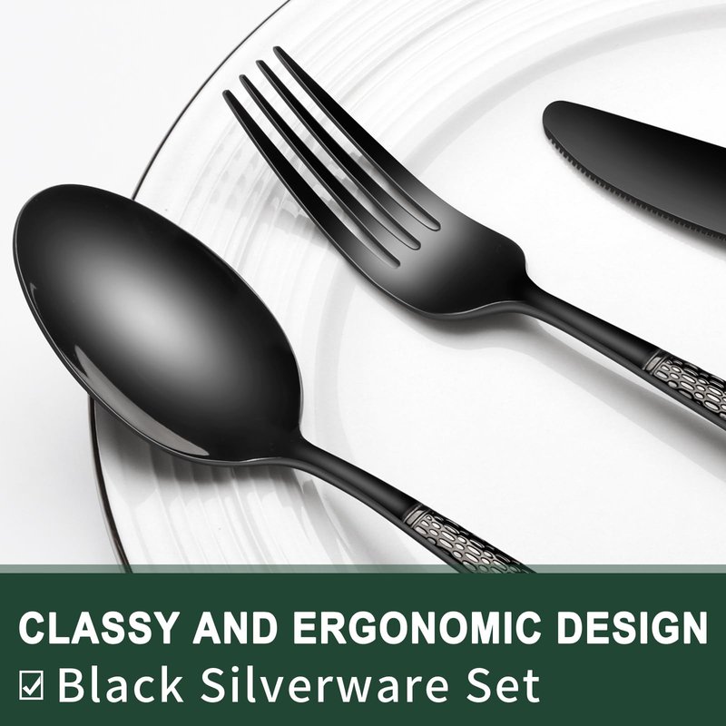 Black Hammered Silverware Set, 40-Piece Stainless Steel Heavy Duty Flatware Set for 8, Food-Grade Tableware Cutlery Set, Utensil Sets for Home Restaurant, Mirror Finish, Dishwasher Safe