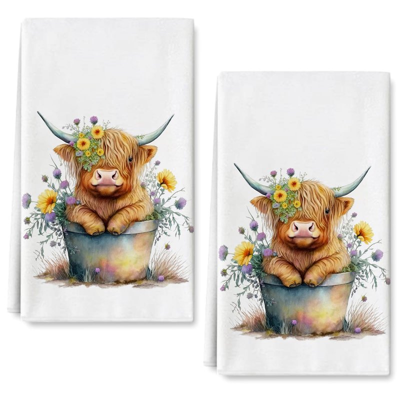 AnyDesign Highland Cow Kitchen Dish Towel 18 x 28 Inch Rustic Farmhouse Dishcloth Seasonal Cute Cow Decorative Hand Tea Towel for Kitchen Home Cooking Baking Cleaning, 2 Pcs