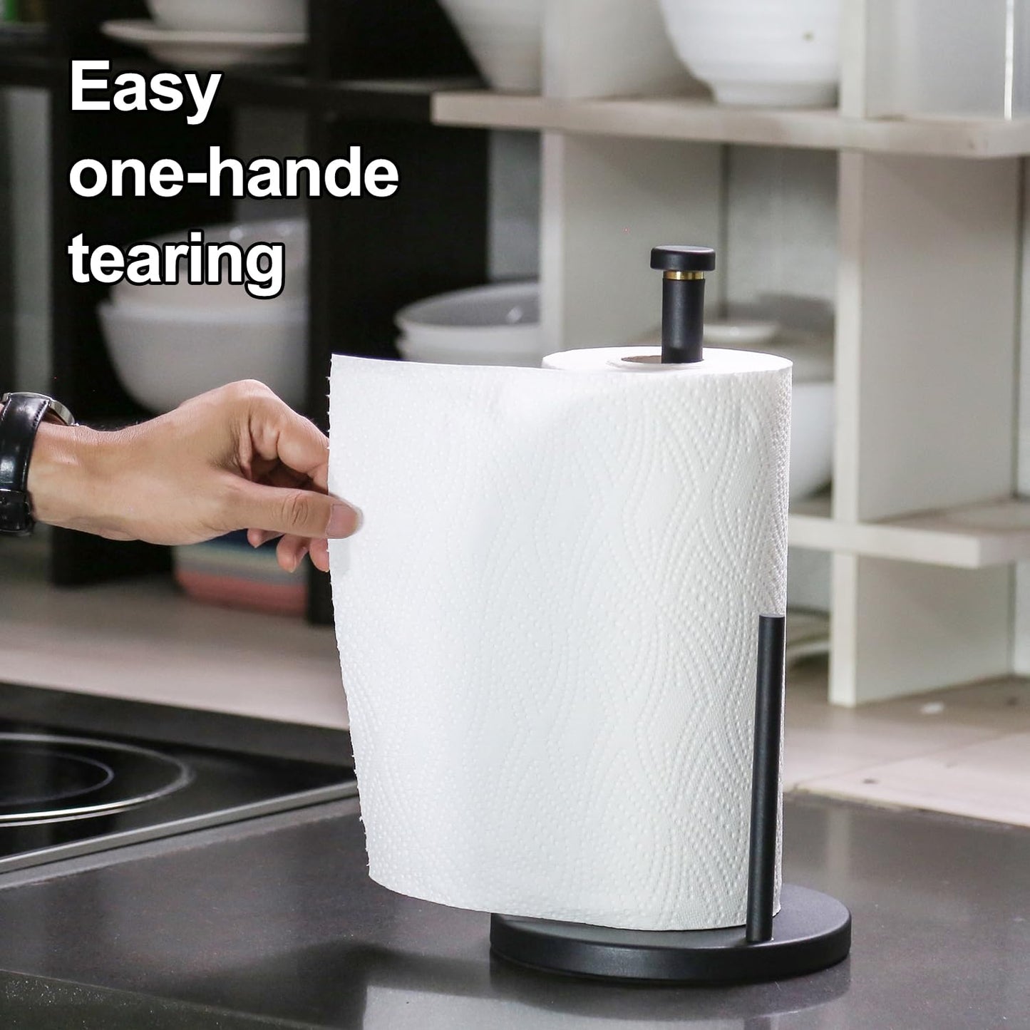 Paper Towel Holder Countertop, Standing Paper Towel Dispenser, Countertop Tabletop Non-Slip Kitchen Paper Towel Holder, Easy one-Hand Tear Paper roll Holder Stand with Ratchet System