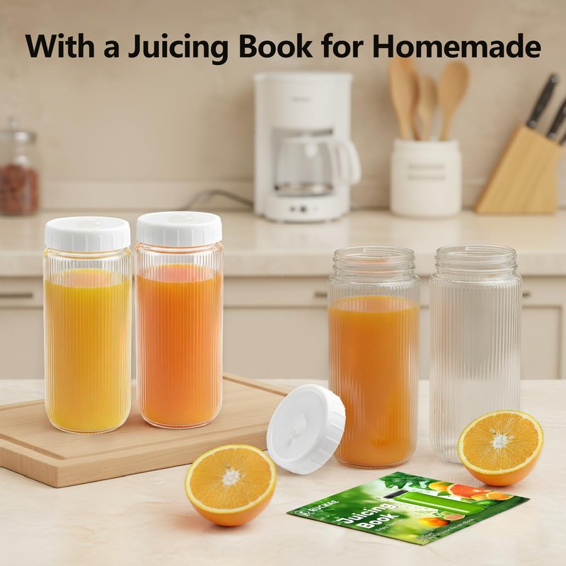 Ruckae 16oz Juice Bottles,Ribbed Glass Juicing Bottles with Lids,Smoothie Cup Lids and Straws,Water Bottle Mason Jar Drinking Glasses for Juicing,Smoothies,Kombucha (Clear-8 pack)