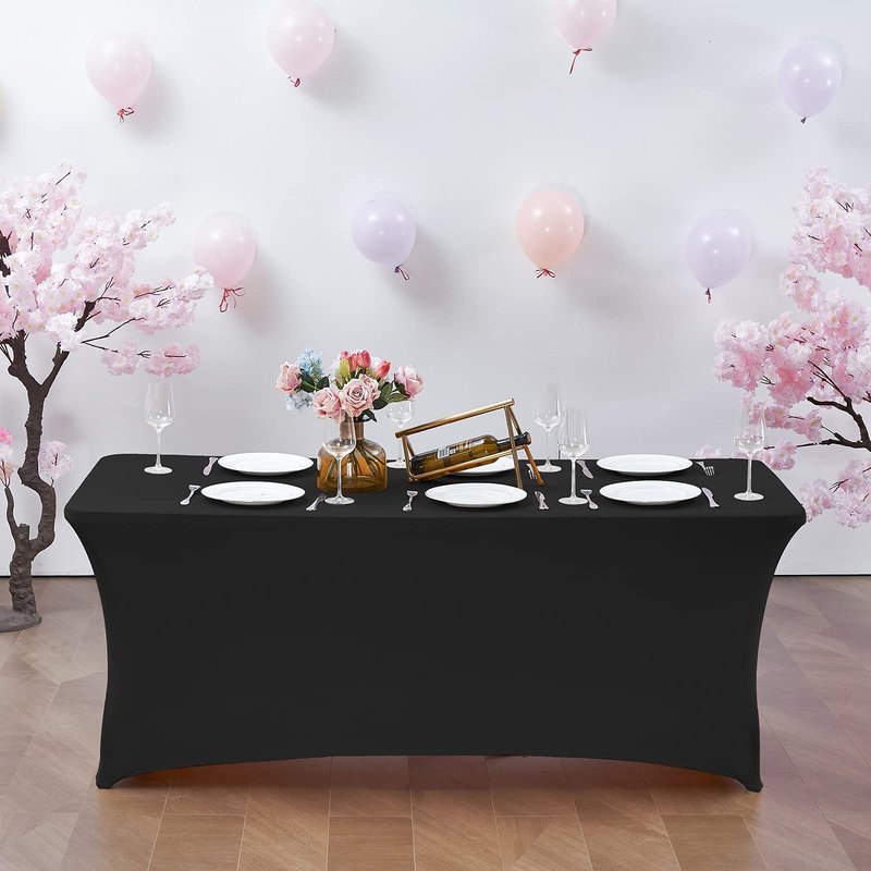 CWK 6FT 2Pcs Stretch Spandex Table Cover for Rectangular Tables - Elastic Fitted Tablecloth for Folding Tables, Wrinkle Resistant, Durable Table Protector for Parties,Weddings,Banquets &Events (Black)