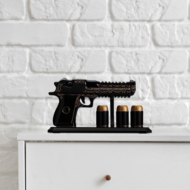Gifts for Men Dad Hand Painted Gun Whiskey Decanter Set & Shot Glass - Black & Gold & 3 Bullet Shots - Unique Birthday Christmas Gift for Brother, Cool Anniversary Present Him Husband, Pistol Liquor