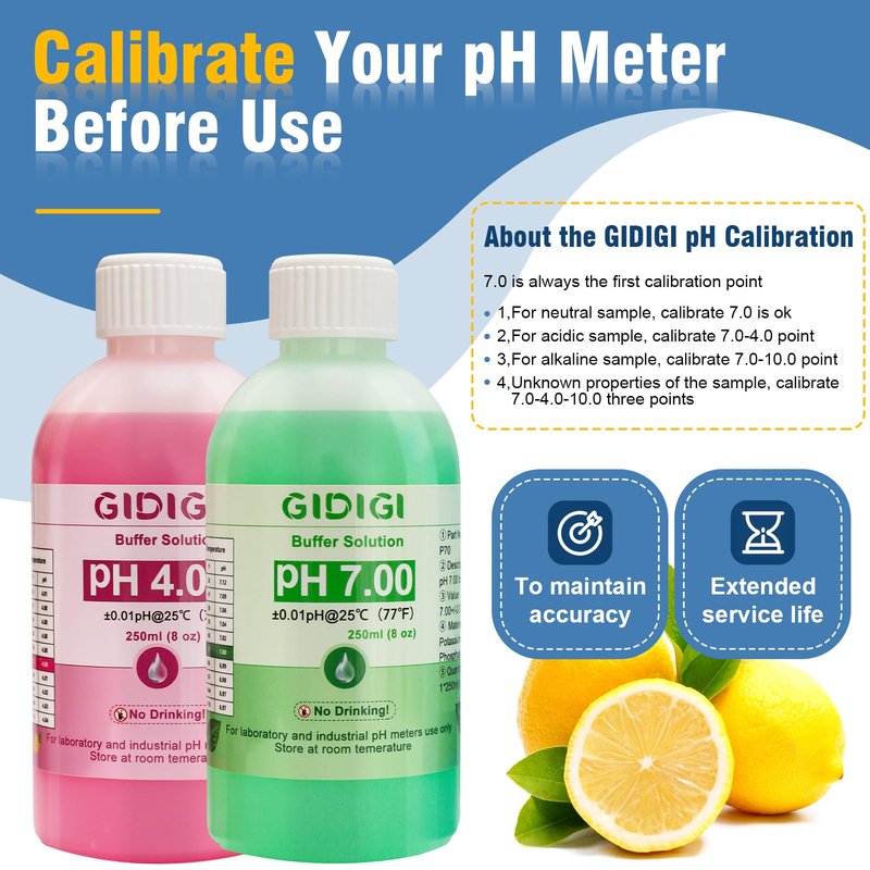 pH Meter Calibration Solution Kit,Includes 4.00, 7.00 and Electrode Protection,Calibration Buffer 250ml*2,Probe KCL Storage 30ml*1, pH Meter Accessories