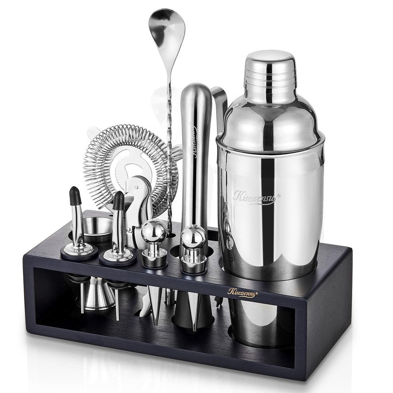 KITESSENSU Cocktail Shaker Set with Stand | Mixology Bartender Kit Bar Set with Essential Bar Accessories for Home Bar: Martini Shaker, Jigger, Muddler, Bar Spoon | Drink Mixer Cocktail Kit