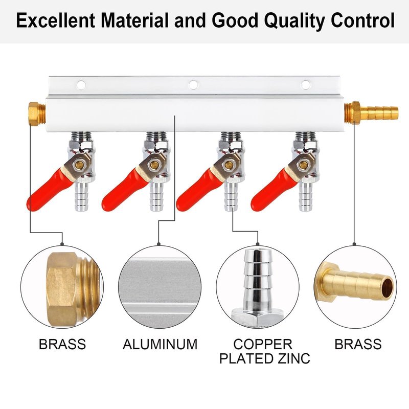 WELLBOM CO2 Manifold, 4-Way CO2 Gas Distributor O.D 5/16'' Barb Fitting Beer Keg Gas Manifold Kegerator CO2 Splitter with Integrated Check Valves & 5PCS Hose Clamps
