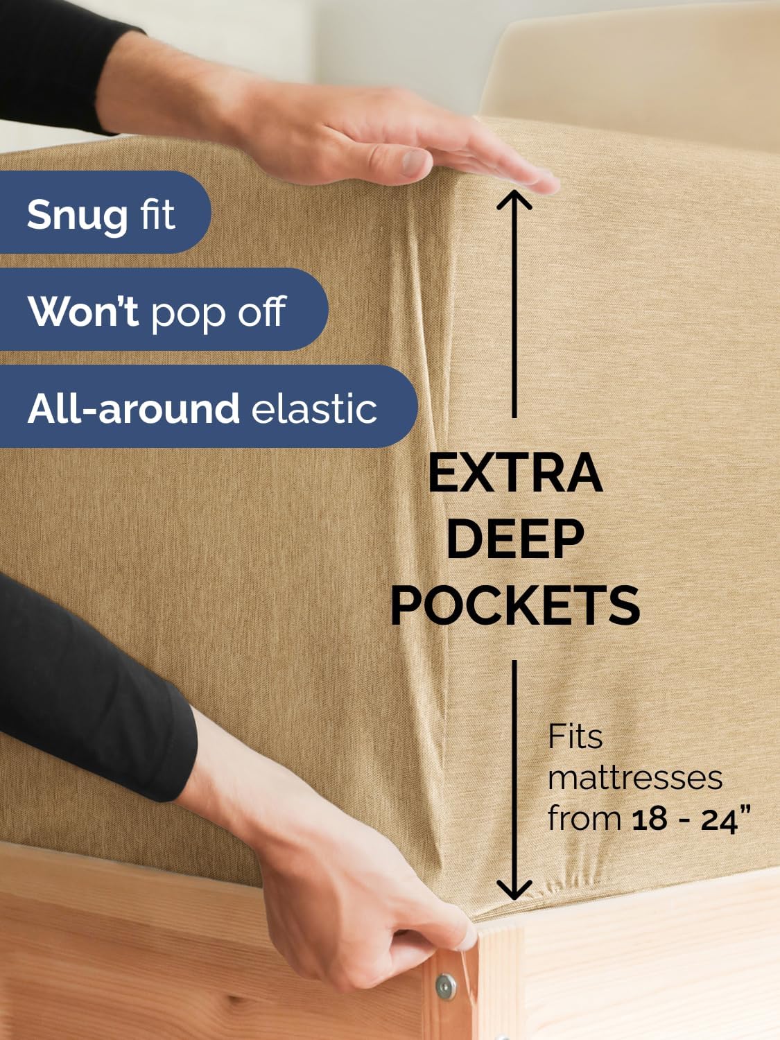Skiennix Extra Deep Split King Sheet Set - 7 Piece Breathable Cooling Bedding - Luxury Soft Wrinkle-Free Heathered Tan