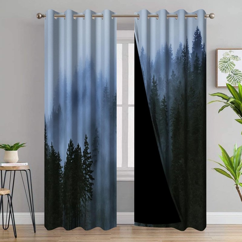 AWERT Blackout Curtains for Bedroom Light Blue Tree with Fog Nature Forest Curtains 2 Panels for Living Room Heat Blocking 42x84inch
