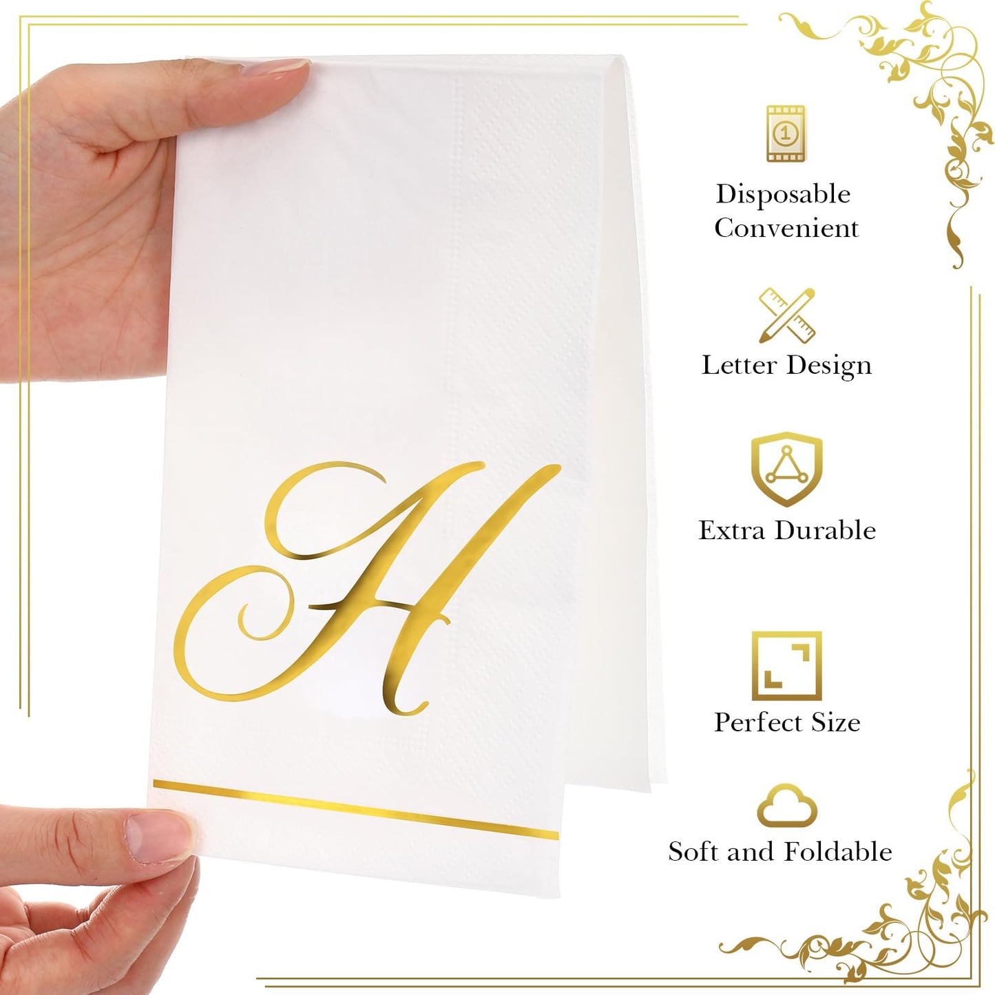 Pasimy 200 Pcs Initial Napkins Monogram Guest Napkins Gold Letter Paper Towels Disposable Elegant Dinner Towels for Wedding Bridal Shower Holiday Birthday Party Tableware Decor(H Letter)