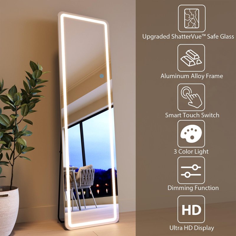 WISSMIELS Full Length Mirror with LED Lights, LED Mirrors Full Length Floor Mirror Full Body Mirror for Bedroom Wall Mounted Free Standing (Rectangle, 48" L×16" W)