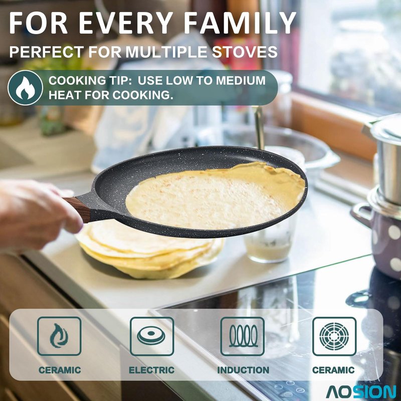 AOSION Crepe Pan 11 inch Nonstick Dosa Tawa Pan, Ceramic crepe pan,Tortilla Pan for Pancake Omelette Steak Frying Egg with Ergonmic Handle,For All Stoves