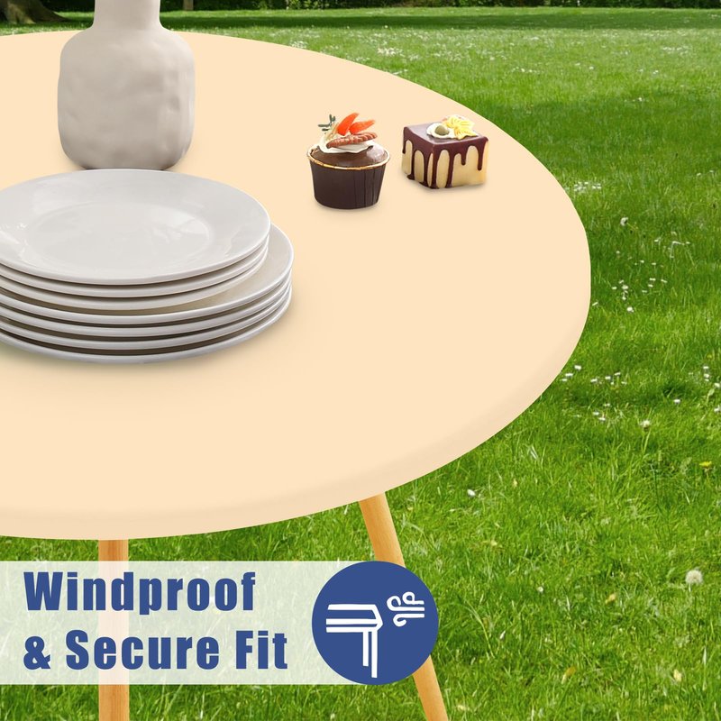 Moosfor Round Spandex Tablecloth, Elastic Fitted Waterproof Tablecloths for 45"-56" Tables, Stretch Washable Picnic Table Cover for Camping, Dining, Indoor and Outdoor,Ivory