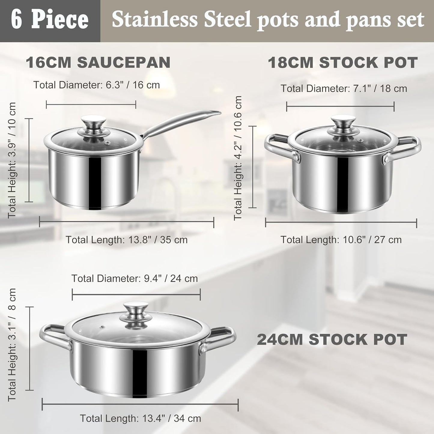 Skiennix Stainless Steel Cookware Set - 6-Piece Nonstick Induction Kitchen Pots & Pans | Oven Safe, Versatile for All Cooktops