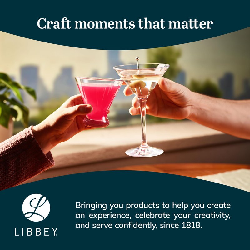Libbey Cosmopolitan Stemless Martini Glasses Set Of 12, Dishwasher Safe Holiday Martini Glass, Lightweight Cocktail Glass Set for Wedding Party
