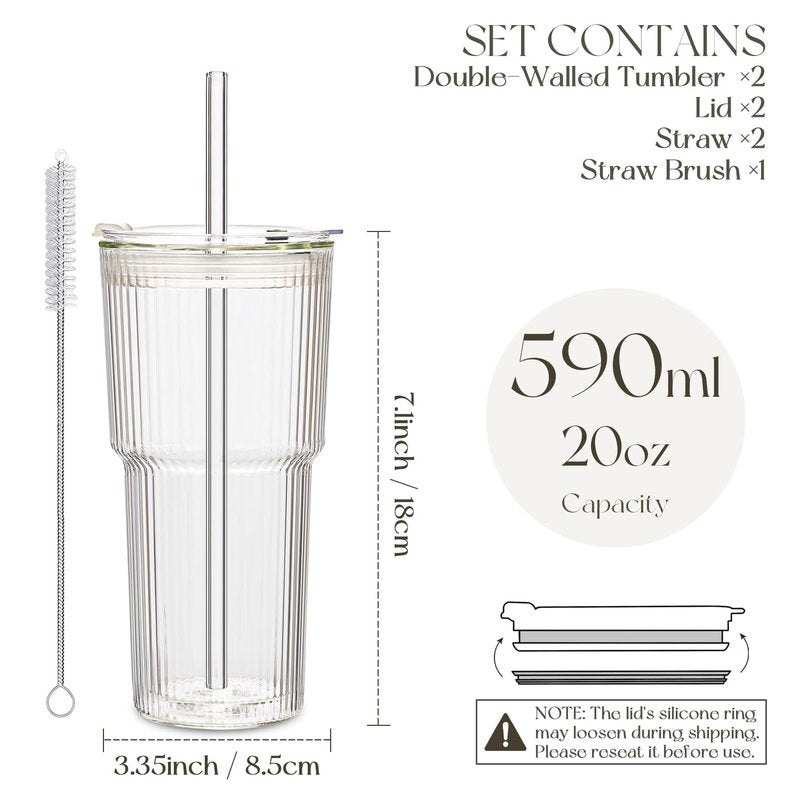 KEMORELA Iced Coffee Cups with Lids 20oz Ribbed Double Wall Glass Cups with Lids and Straws 2PCS, Coffee Bar Accessories， Insulated Borosilicate Glass Tumblers, To Go Coffee Cups, Spill proof tumbler