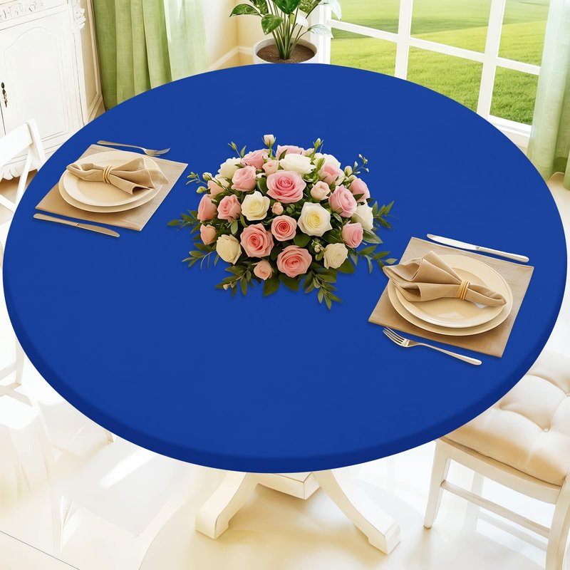 Moosfor Round Spandex Tablecloth, Elastic Fitted Waterproof Tablecloths for 57"-68" Tables, Stretch Washable Picnic Table Cover for Camping, Dining, Indoor and Outdoor, Blue