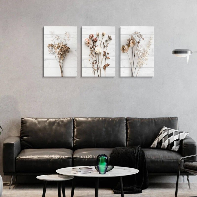 Modern Farmhouse Wall Decor Dried Wildflower Neutral Canvas Print Still Life Wall Art for Bedroom Aesthetic Rustic Floral Wall Art for Living Room Wall Decoration Stretched Set of 3 Pieces 16x24inches