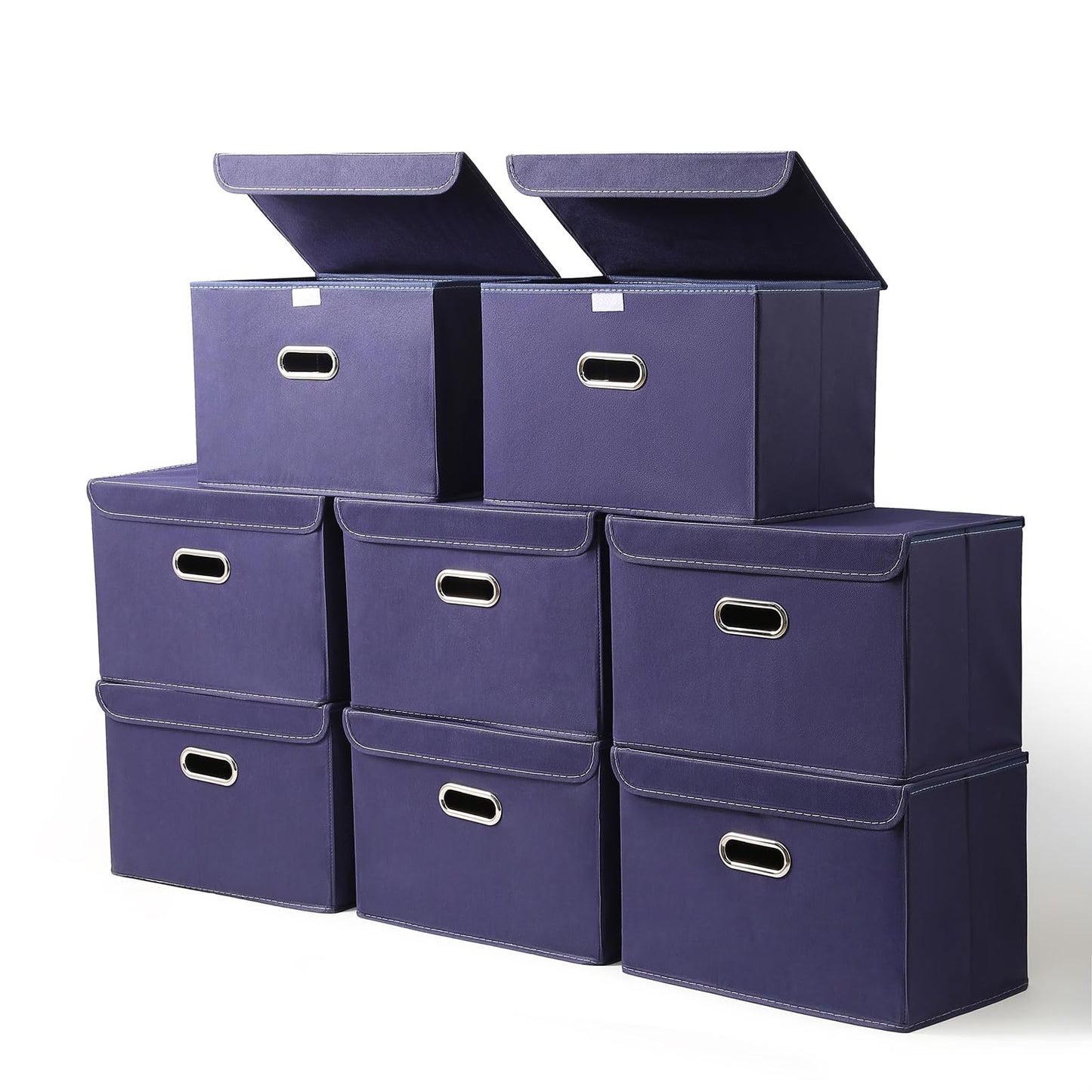 STOREONE Fabric Storage Cube Bins Foldable Organizer Container Collapsible Basket with Lids and Metal Handles, for Home, Bedroom, Closet 8 Pcs (Navy Blue)