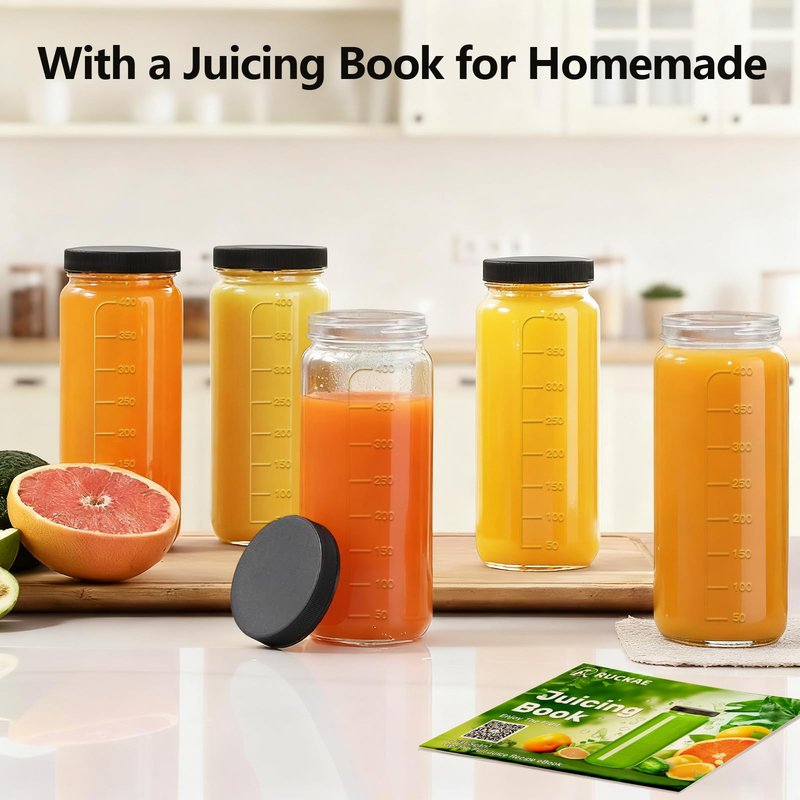 Ruckae 16oz 8 Pack Juice Bottles, Glass Bottles Juicing with Lids, Smoothie Cup Lids and Straws, Water Bottle Mason Jar Drinking Glasses for Juicing, Smoothies, Kombucha