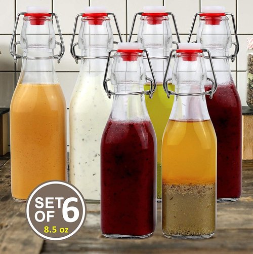 Estilo Swing Top Easy Cap Clear Glass Bottles with Caps, Round, 8.5 oz, Set of 6 - Standard Size, Flip Top Glass Bottles to Store Home Brews, Oils, Vinaigrettes, Wines, Beer, Teas - Syrup Bottles