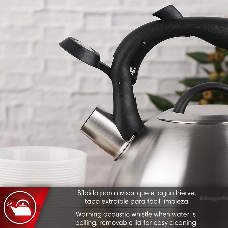 Magefesa Silver 3.1-Quart Stainless Steel Whistling Tea Kettle, Satin-Polished Exterior, Drip-Free Pouring System, Suitable for All Stovetops Including Induction, Removable Lid, Teapot
