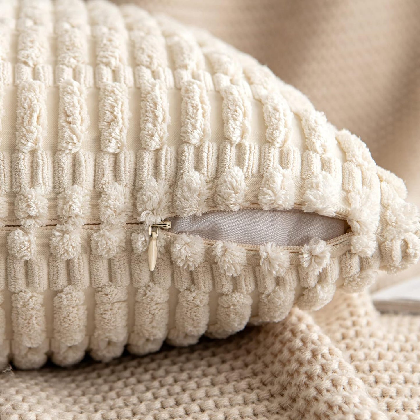 MIULEE Euro Sham Pillow Covers - Soft Boho Striped Corduroy | Pack of 2, 22x22 Inch, Cream White