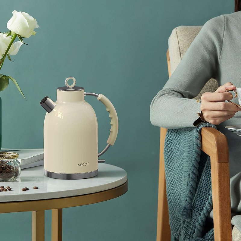 ASCOT Electric Kettle, Stainless Steel Electric Tea Kettle Gifts for Men/Women/Family 1.5L 1500W Retro Tea Heater & Hot Water Boiler, Auto Shut-Off and Boil-Dry Protection (Cream)
