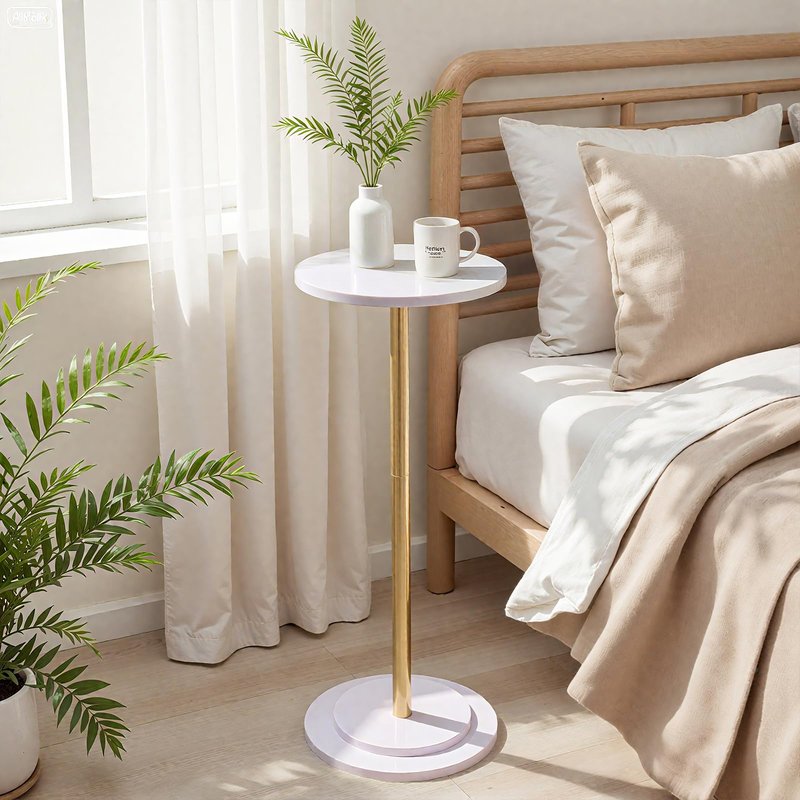 OIKASSU Premium Stone Round Drink Table,Heavy Duty Stone Base Top Pedestal,Cocktail Accent End Table for Living Room,Waterproof, Weighted Base Small Accent Side Table for Small Space Office,White