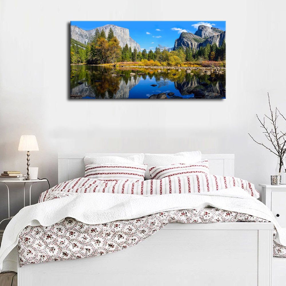 Lake Canvas Wall Art Mountain Picture for Bedroom Living Room Decorations Yosemite National Park Nature Landscape Forest Picture Print on Canvas Artwork for Office Home Wall Decor Framed 20" x 40"