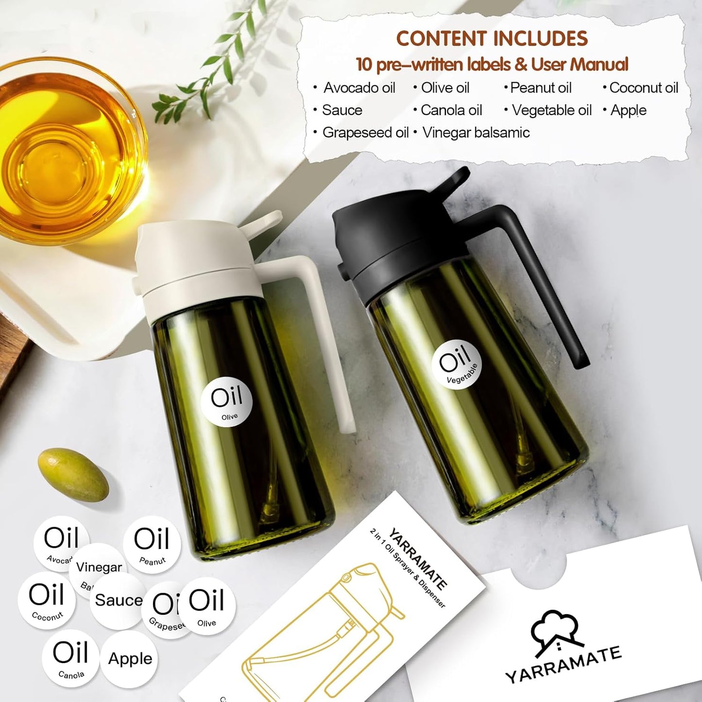 YARRAMATE Oil Sprayer & Dispenser Set - 16oz Dark Green Sprayer & 300ml Brush Dispenser in Black & Orange