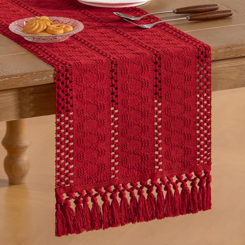 Socomi Boho Table Runner Summer Farmhouse Rustic Dining Kitchen Centerpiece Decor Small Macrame Woven Cotton Linen Coffee Table Runner for Dresser Scarf Home Decor 12x48 in Red