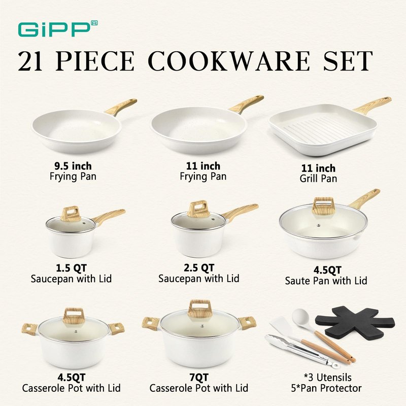 GiPP 21Psc Pots and Pans Set Non Stick White Granite Kitchen Cookware Sets Nonstick Induction Cookware Non-toxic Cooking Pan Set with Silicone Utensils, PFOS and PFOA Free