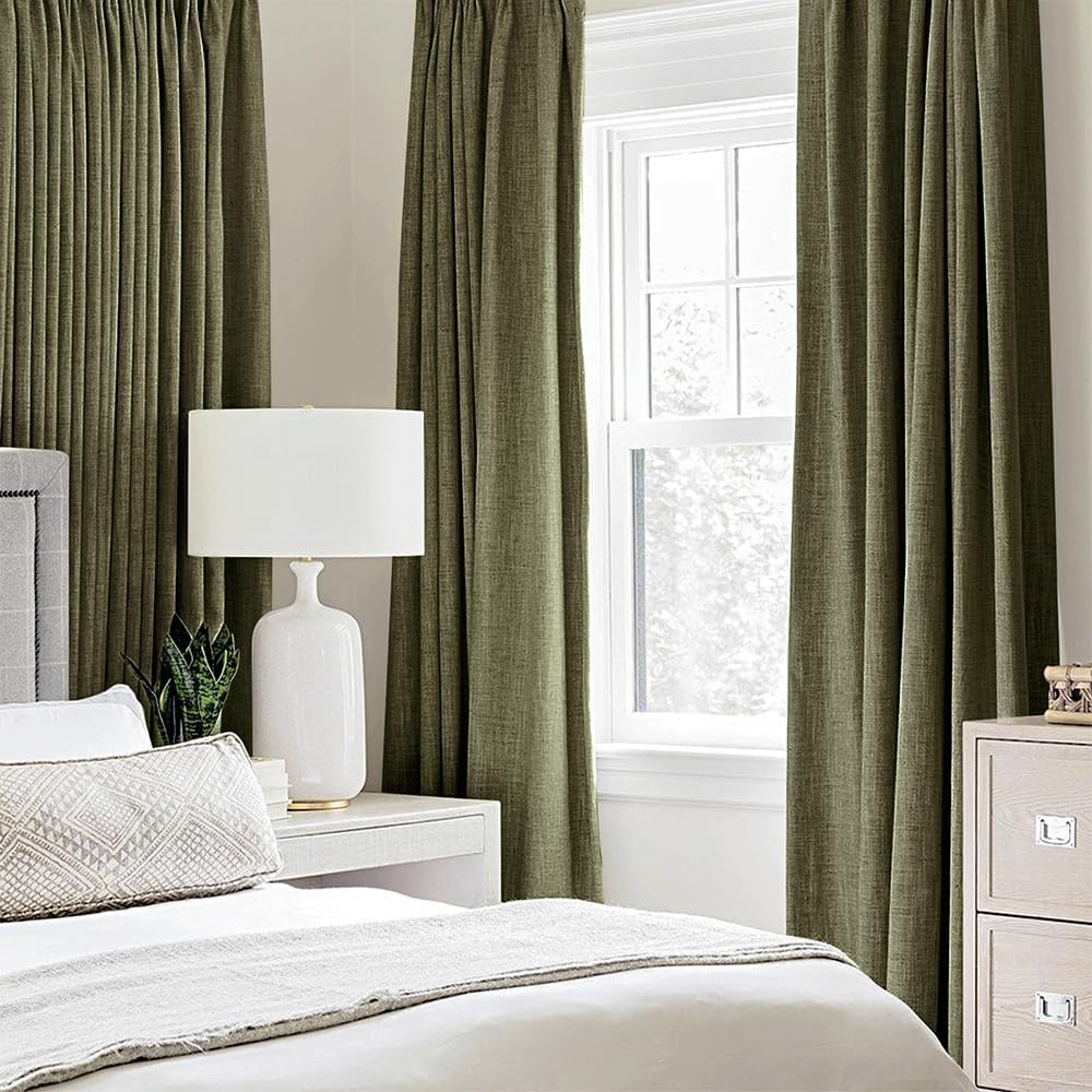MIULEE Blackout Curtains - 100% Thermal Insulated Linen Texture Drapes | Light Olive Green, 52x63 Inch (2 Panels)