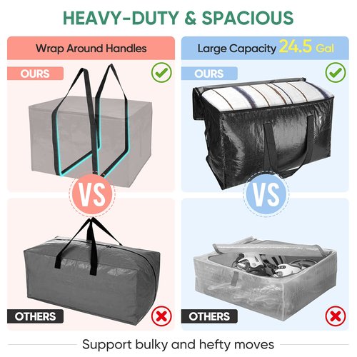 BALEINE 8-Pack Oversized Moving Bags with Reinforced Handles, Heavy-Duty Storage Tote for Clothes, Moving Supplies (Black, 8-Pack)